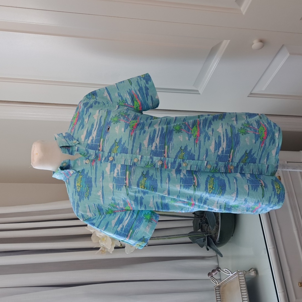 Vineyard Vines Boys Blue Cotton Hawaiian Print Short Sleeve Shirt Button Down LG